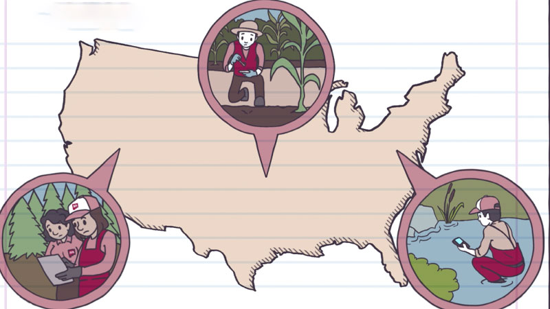 Image of animated America with researchers across the country doing work for Extension