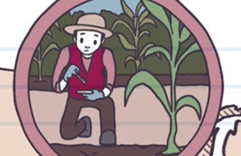 Image of an animated farmer testing their crops