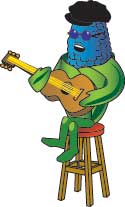 illustration of the blue corn character sitting on stool playing a guitar