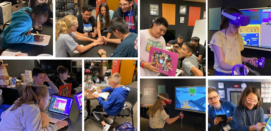 Photo collage of students in the games lab