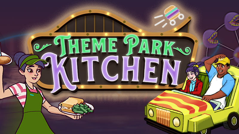 Theme Park Kitchen banner with characters in the game