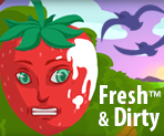 Cartoon image of strawberry  in a field with a face with bird droppings on it